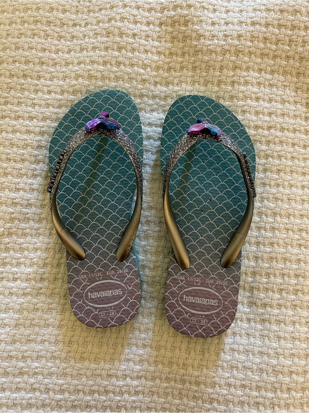 Havaianas Teal Ombre Flip Flops with Glitter Straps and Pink Accents